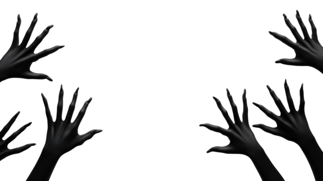 A group of scary black hands with long nails isolated on white or transparent background, png clipart