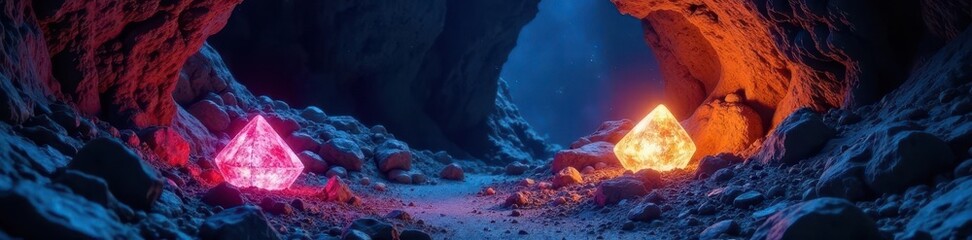 Dark cavern, glowing crystals, ancient treasure ,  rock,  depth,  dark