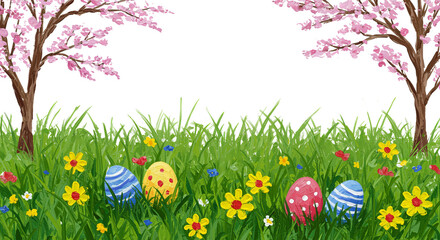Oil painting style illustration of a spring meadow with flowers, easter eggs and cherry blossom trees, isolated on a transparent background 