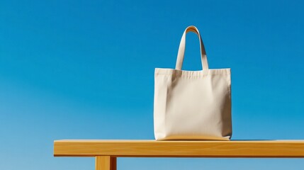 Tote Bag Mockup On Wooden Bench Against Clear Sky Outdoors With White And Blue