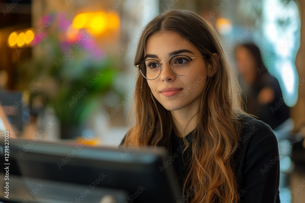 Poster happy receptionists cooperating while working on computer at hotel front desk, generative ai image