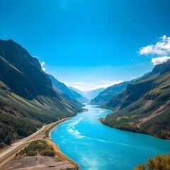 Clear skies, wide blue river and mountains
