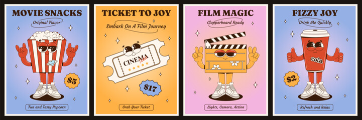 Retro posters featuring characters of a clapperboard, cup, ticket, and popcorn in a groovy style. International Cinema Day. Funny characters with eyes, legs, and arms. Cinema and relaxation. Vector