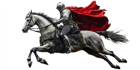 A knight in armor and a red cape rides a horse
