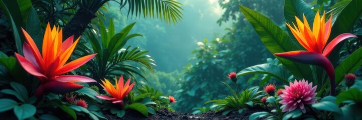 Dense foliage bursts with colorful bromeliads and heliconia ,  forest scene,  botanical,  bloom