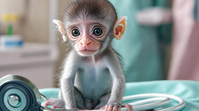 Baby monkey sitting near stethoscope in vet clinic exam room