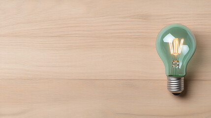 green light bulb on wooden surface, symbolizing creativity and ideas