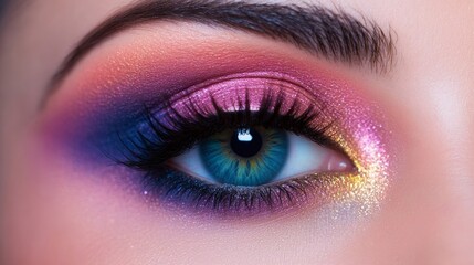 Obraz premium Close-up of human eye with vibrant makeup