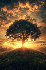 Lone Tree on Grassy Hill at Sunset