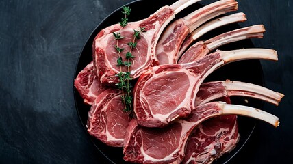 Top view of raw lamb chops and fresh mutton cutlets on ribs with a dark background offering ample copy space image