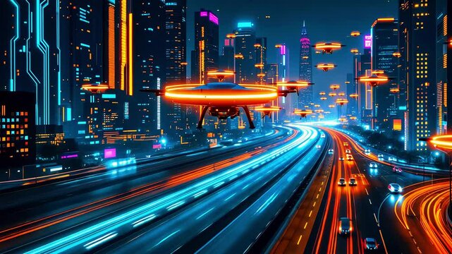 Futuristic cityscape at night with glowing drones flying over a vibrant highway and skyscrapers