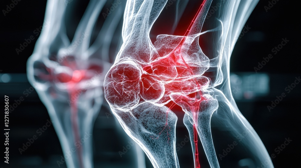 Poster a close up of a knee with red veins and a red line running through it