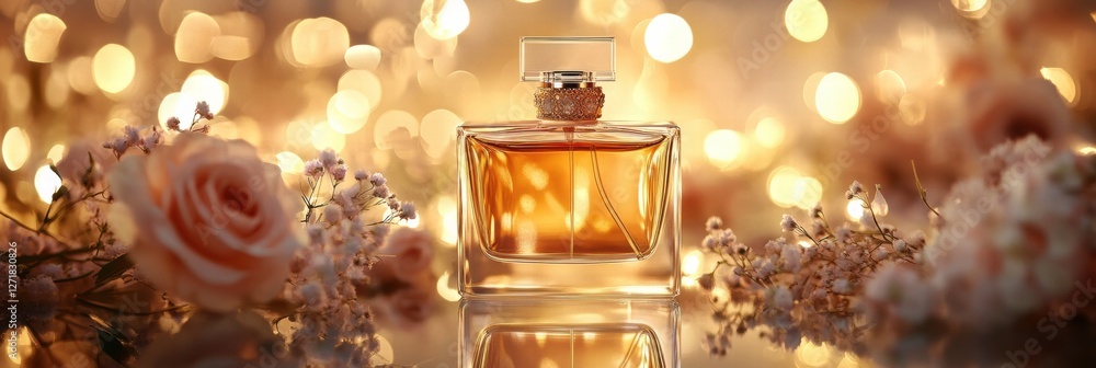 Poster elegant fragrance bottle surrounded by delicate flowers and sparkling lights in a soft atmosphere. g