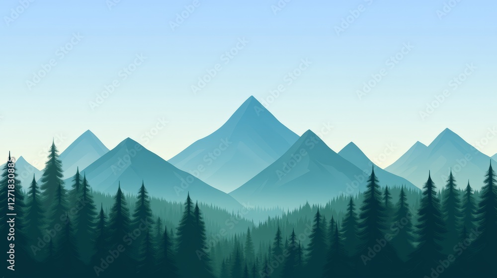 Poster low polygon style landscape with misty blue mountains rising above a dense evergreen forest at dawn,