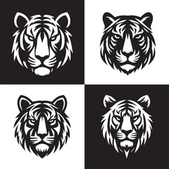 Fierce Tiger Head Logo Set in Black and White, Stylized Tiger Mascot Logos – Powerful and Intimidating Designs