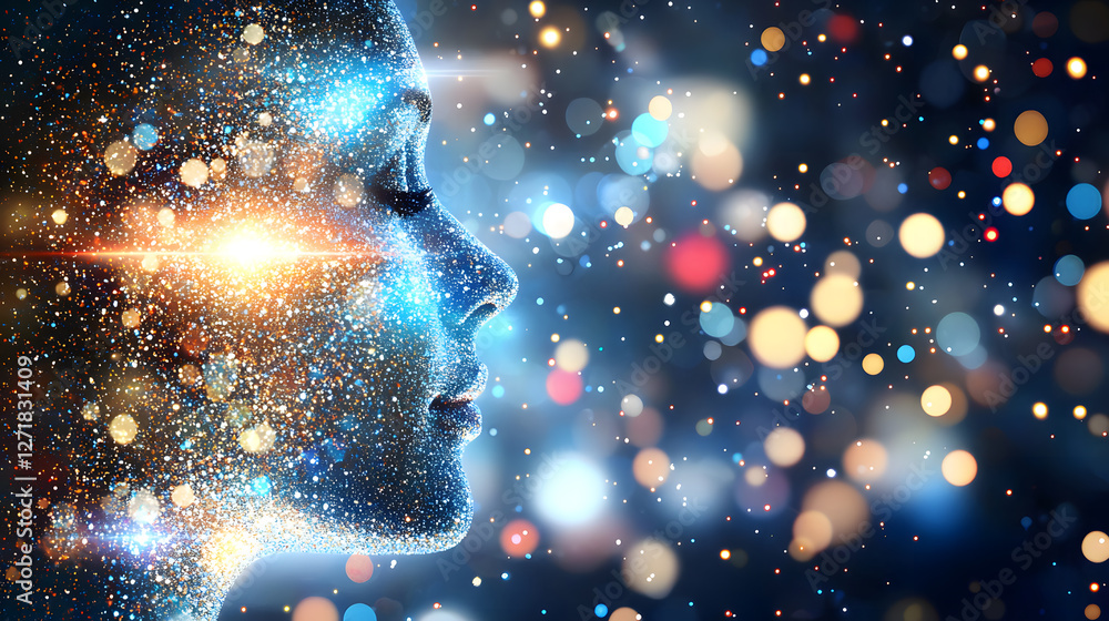 Poster cosmic reflections portrait of a dreamer digital realm abstract art ethereal space profile view imag