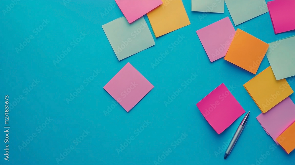 Poster a pen is on a table with a bunch of colorful sticky notes
