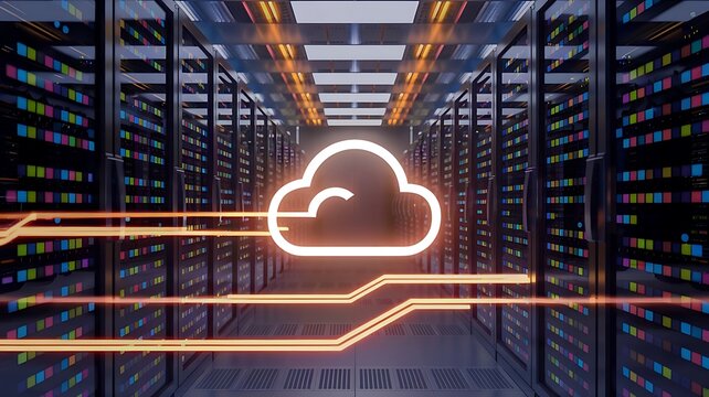 Serverless technology on hybrid cloud network with modern digital infrastructure equipment. Concept Serverless Technology, Hybrid Cloud Network, Digital Infrastructure, Modern Equipment