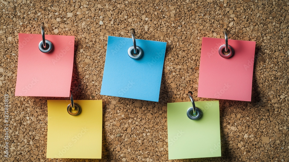 Poster a cork board with five colorful sticky notes on it