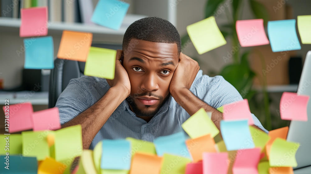 Poster a man is sitting at a desk with a lot of colorful sticky notes on it