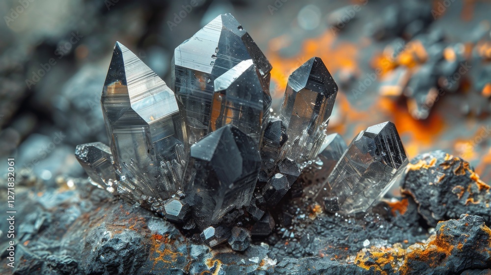 Poster a striking cluster of dark quartz crystals rises prominently from a rocky surface, highlighting thei