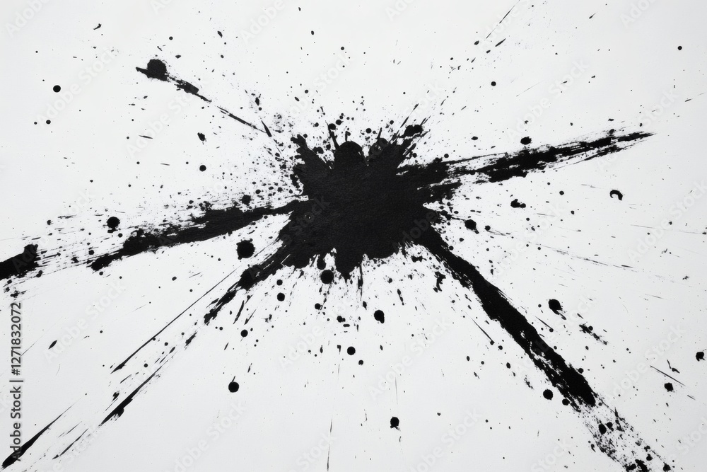 Poster black paint splatter creates dynamic energy on white canvas in artistic display. generative ai