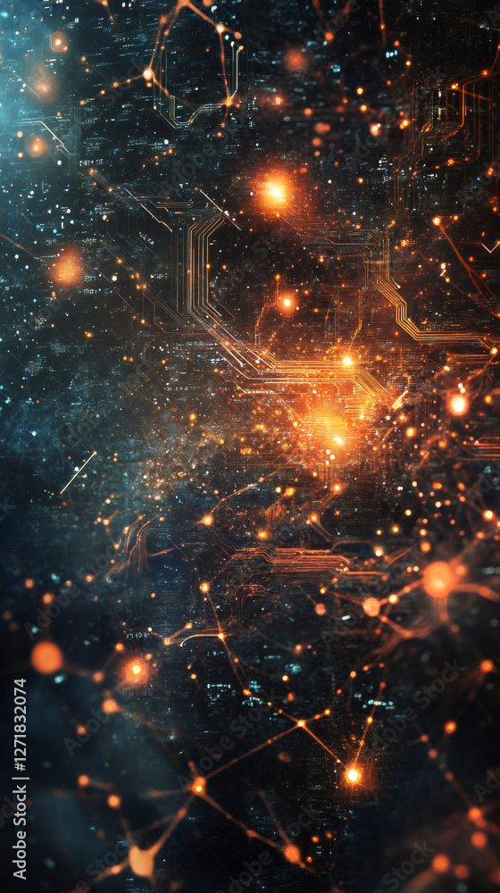 Aufkleber Complex network of interconnected nodes glowing on a dark background, symbolizing data flow and technological advancement