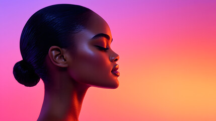 Profile portrait of a stunning model colorful gradient background fashion photography studio setting side view beauty concept