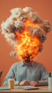 Office worker sitting at desk with head exploding in fire and smoke, representing stress, burnout, and information overload in challenging work environment