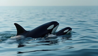 Fototapeta premium Mother Orca and Calf Swimming in the Ocean