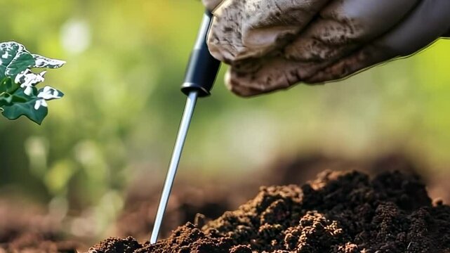 Farmer checks soil moisture in field with probe by seedling