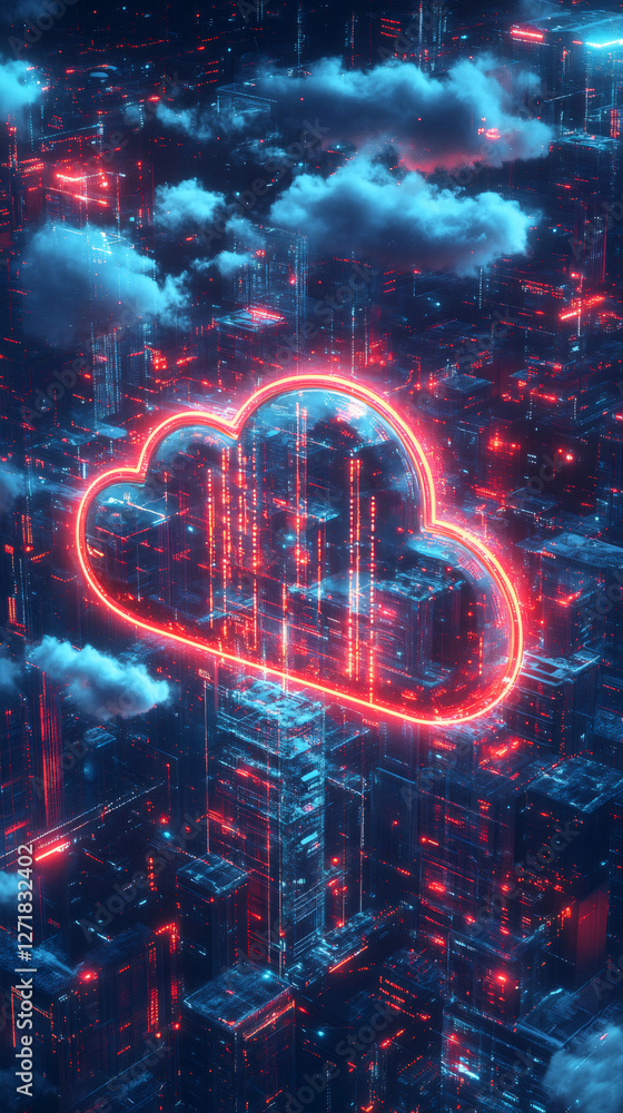 Aufkleber Glowing cloud computing icon floating above cyberpunk cityscape, surrounded by binary data and digital networks
