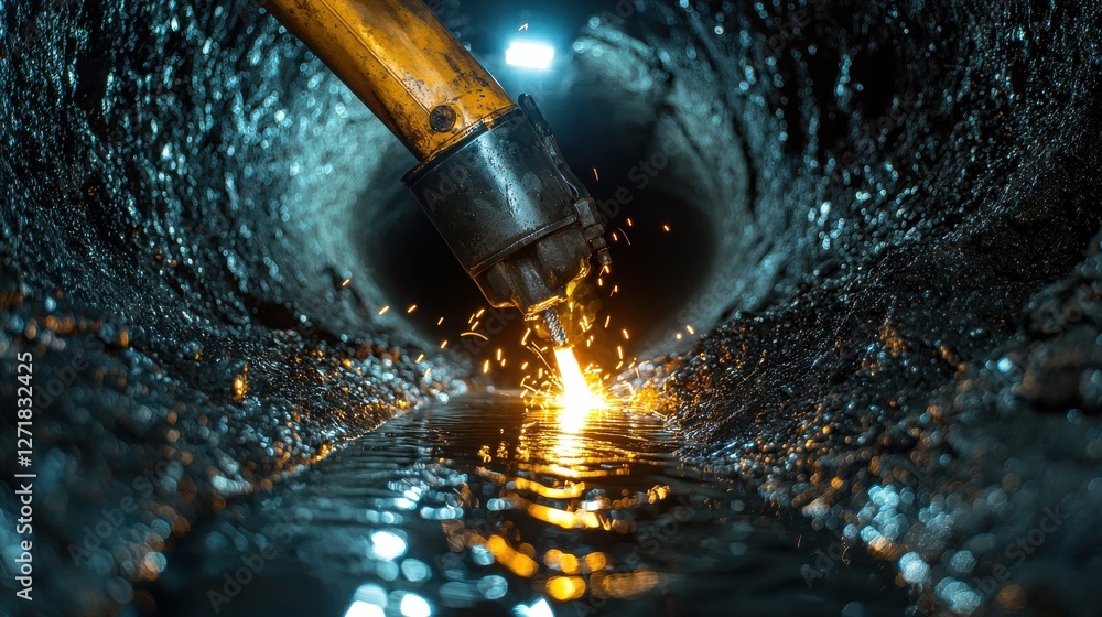 Poster a yellow object is being used to cut through a dark tunnel