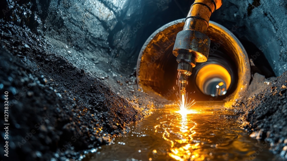 Poster A pipe is being cut with a torch in a dark tunnel