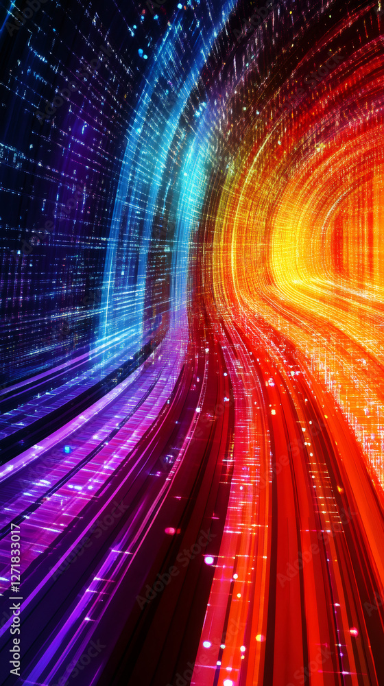 Poster Colorful light trails creating tunnel effect representing fast data transmission and speed in cyberspace
