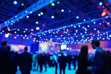 Naklejka premium A bustling professional event takes place in a large indoor venue with bright stage lighting, where attendees engage in discussions and network in a dynamic business atmosphere.