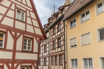 NUREMBERG, GERMANY. Quaint half timbered houses with red tile roofs and flower boxes. Nuremberg, Germany