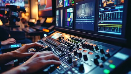 Hands control audio mixer, editing video in studio, screens display footage