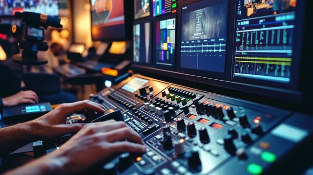 Hands control audio mixer, editing video in studio, screens display footage