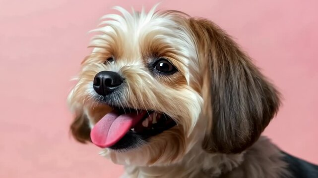 Happy dog panting on pink background, studio shot