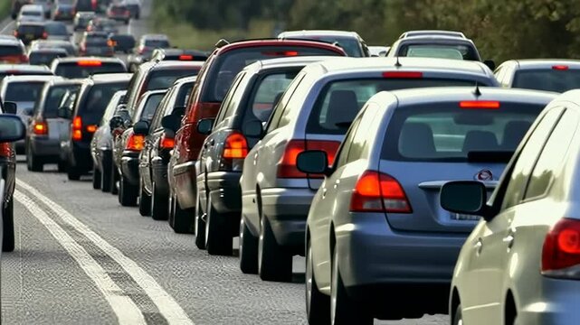 Highway traffic jam at sunset, cars backed up on road