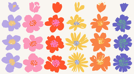 Collection of spring colorful flower elements vector. Set floral of wildflower, foliage on white background. Hand drawn blossom illustration for decor, poster, sticker, clipart, print and pattern.