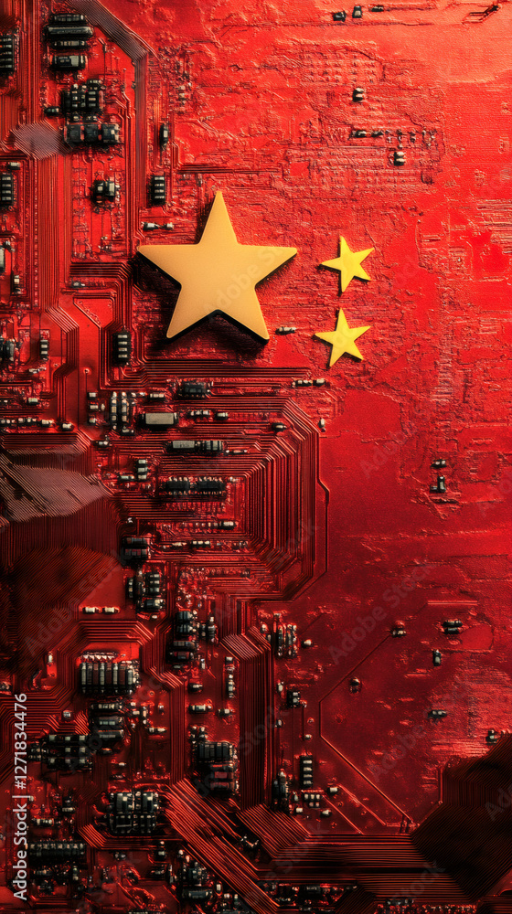 Aufkleber chinese flag with gold stars combined with a red printed circuit board, representing the concept of 