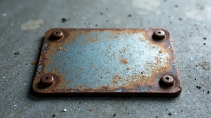 A weathered, rectangular metal plate with rusted edges and four small rivets, rests on a speckled gray surface.