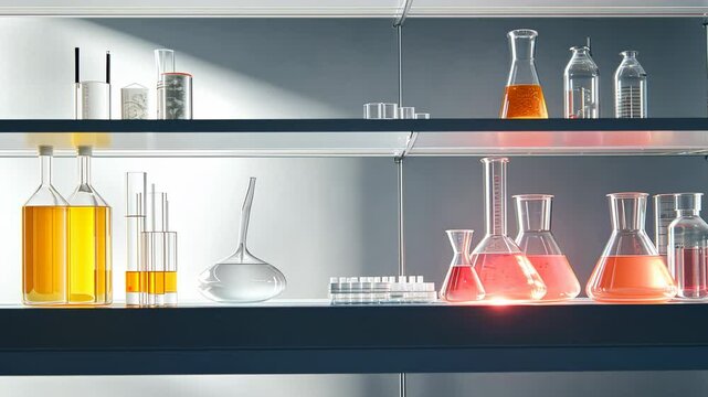 Lab glassware with colorful liquids on shelves in research facility, light flare
