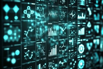 Naklejka premium Visual data displays illuminate a futuristic analytical workspace. Generative AI