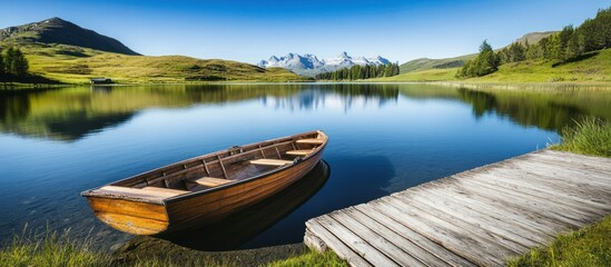 Obraz premium A Tranquil Alpine Lake Scene with Wooden Boat and Mountains View