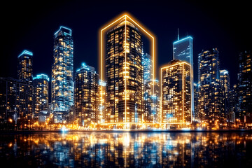 Naklejka premium City skyline is lit up in neon colors, creating a vibrant and energetic atmosphere. The buildings are illuminated, with the city lights reflecting off the water, creating a beautiful