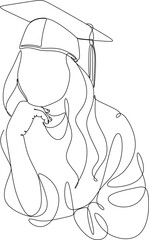One continuous line art drawing flat drawing student, woman, education, graduate, school, girl, young, university, cheerful, dress, hat