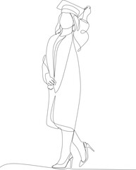 One continuous line art drawing flat drawing student, woman, education, graduate, school, girl, young, university, cheerful, dress, hat